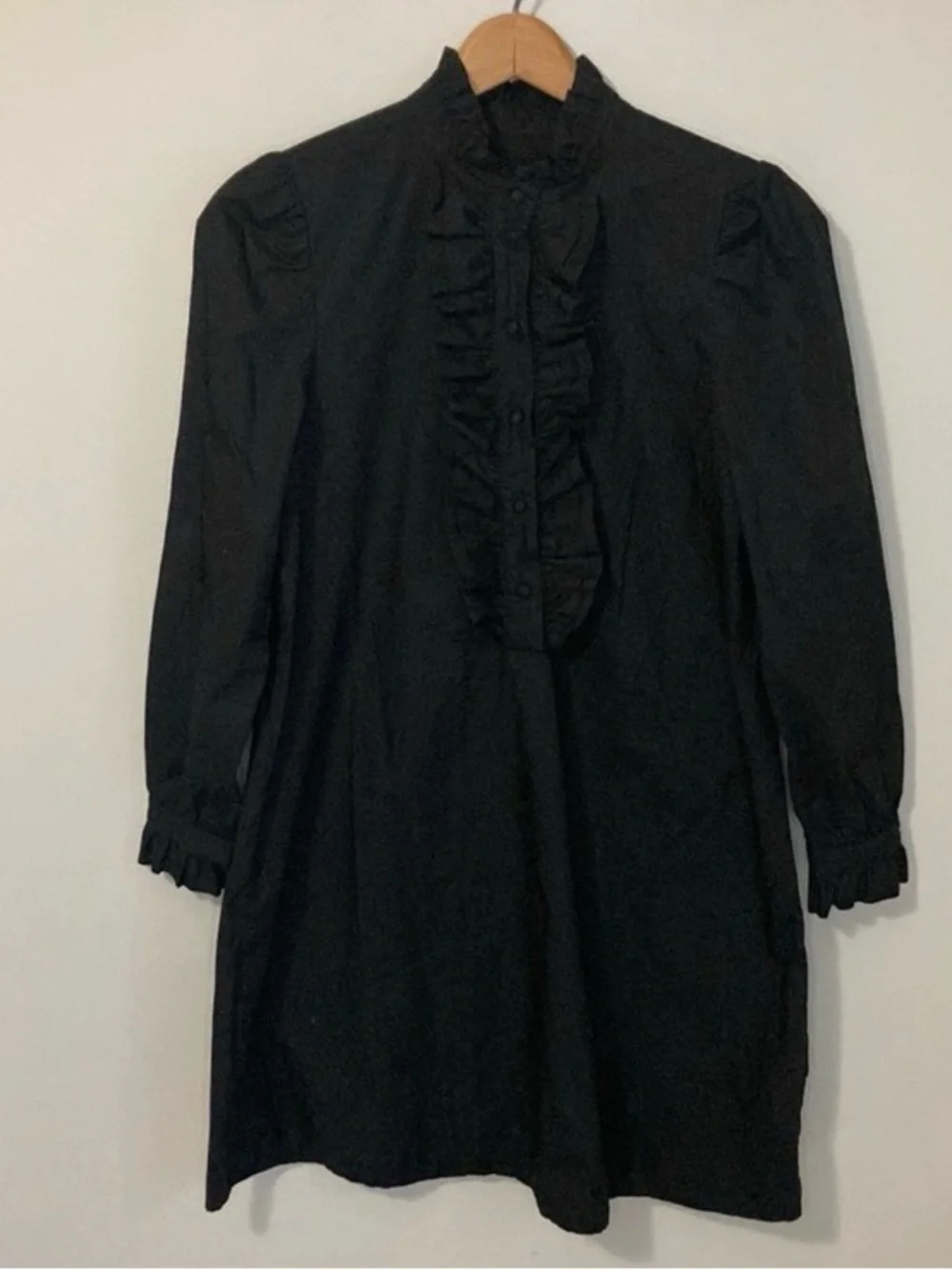 J. Crew Black Ruffle-Front Mini Dress with Long Sleeves Cotton, Women’s Size XXS